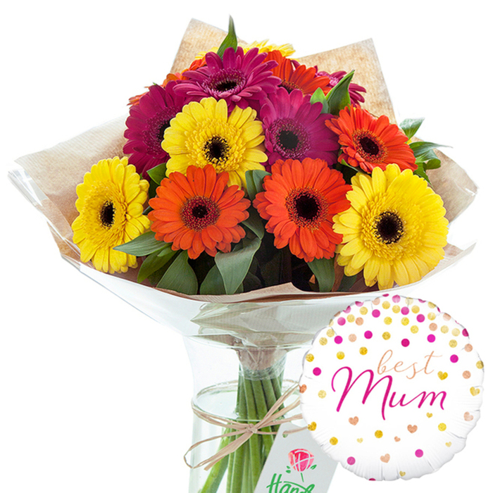 The photograph presents a thoughtfully arranged floral gift that feels tailored for a beloved mum in Barkingside, perhaps destined for a cosy home near Fairlop or a family gathering not far from Fullwell Cross. The focal point is a generous bunch of Gerbera daisies, arranged so that the flower heads form a rounded, abundant cluster facing forward. Each daisy is in full bloom, with petals radiating neatly from the dark central disk characteristic of Gerberas, giving the bouquet a bold yet refined look. The colour mix is carefully balanced: bright yellow faces light up the composition, complemented by rich orange blooms that add warmth, and deep magenta-fuchsia flowers that lend a touch of sophistication and depth. Between these vibrant discs, dark green foliage threads through, softening the transitions between colours and adding a sense of freshness, as though the stems have just been trimmed and conditioned by an experienced florist. The stems are wrapped in rustic light brown kraft paper that shows gentle creases and a textured surface, introducing a homely, natural character. Over this paper, a smooth, shiny layer of clear cellophane fits snugly, preserving the shape and allowing every petal and leaf to remain visible, much like you might see in a Barkingside florist's chilled display. At the lower section of the bouquet, natural twine has been tied into a simple but tidy bow, suggesting careful hands and attention to comfort and convenience for the recipient. To the lower right, slightly offset from the main bouquet, a round white helium balloon complements the flowers. It is scattered with small gold circles and pink dots, as well as tiny hearts, imitating the playful look of confetti at a family celebration. In the centre of the balloon, the words best Mum appear in elegant, flowing pink script, instantly signalling that this is an image of appreciation and love. The entire composition radiates joy, making it a fitting visual for a Barkingside flower delivery website promoting heartfelt gifts for Mother's Day, birthdays, or simple everyday thank-yous.