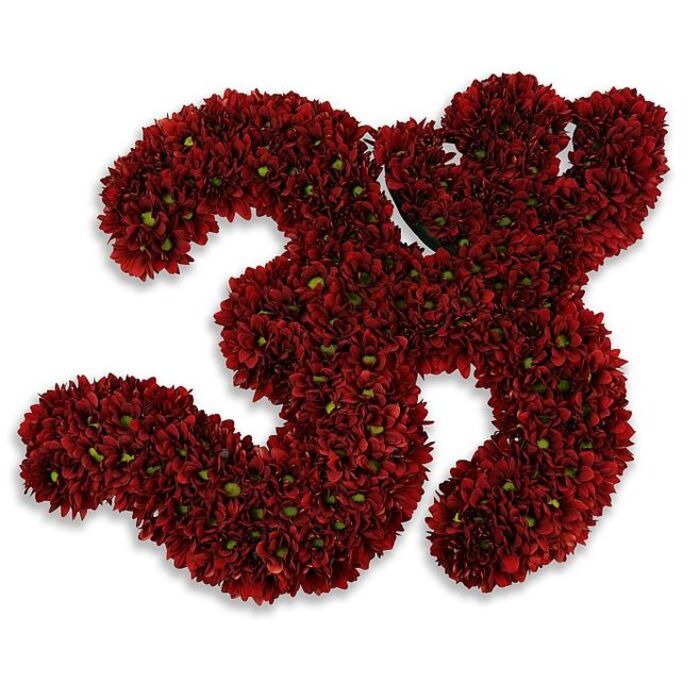 A meticulously assembled floral number '33' formed from hundreds of small, button-like chrysanthemums in a saturated burgundy-to-crimson range, photographed against a spotless white backdrop. Each digit-two identical '3's-is built from tightly clustered blossoms so closely packed they create a plush, almost textile surface, the petals overlapping like scales on a richly toned tapestry. Here and there tiny green eyes at the centre of individual flowers give a gentle, refreshing punctuation to the deep red field, their cool tones adding organic contrast and a sense of depth. The overall silhouette is clean and sculptural; the pair of numerals casts a soft, diffused grey shadow that makes them feel slightly buoyant, as if airborne for a moment. The visual suggests a ceremonial piece: a thirty-third birthday, an anniversary milestone, a commemorative jersey number or memorial tribute, depending on context. I imagine this composition being photographed for a commemorative order placed from a florist on Barkingside High Street or delivered to a celebration near Ilford's Valentines Park, where local families mark milestones with floral statements. The arrangement reads as elegant and celebratory yet composed with the restraint of traditional floristry-balanced, luxurious and tactile. The flowers convey a faint autumnal chrysanthemum scent if seen in person: dry, green and comforting. This piece demonstrates studio-level attention to form and texture while remaining entirely human in its warmth, the sort of arrangement a local Barkingside florist would craft when asked for a significant, dignified floral numeral.