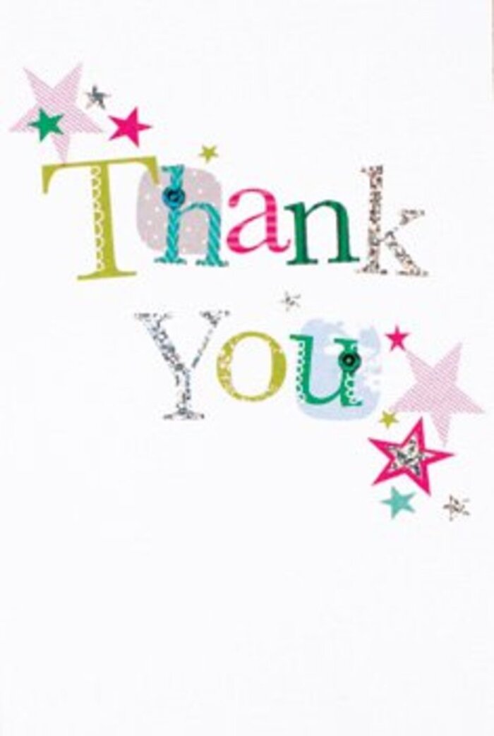 This thank you card achieves a balance of elegance and exuberance, reflecting the welcoming nature of Barkingside's close-knit community. Each letter of the heartfelt greeting radiates its own mood: playful with dotted whims or smooth with refined, nearly musical curves. The arrangement is modern and airy, accented by starbursts of shimmering pink stripes, deep turquoise, and silver clusters that seem to shower a blessing upon the message. The pristine white background frames everything with sophistication, enhancing the gentle stardust effect and letting the vibrant artistry breathe. It's a design neither overly formal nor too casual, making it the perfect companion to a hand-tied bouquet for any local milestone-from birthdays in Fullwell Cross to moments of kindness shared along Cranbrook Road. This card would nestle seamlessly among fresh flowers, an uplifting gesture crafted by a florist in Barkingside whose care for detail is as genuine as the thanks expressed within.