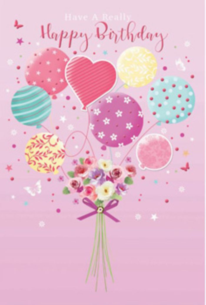 This illustrated birthday design feels like a whimsical greeting you might choose after a stroll through Barkingside's local shops, full of charm and quiet excitement. The backdrop is a velvety pink, soft and even, giving the impression of a dusk-tinted sky. From the middle, a cluster of pastel balloons appears to lift a tiny garden of flowers upward in celebration. The balloons are rendered in delicate hues-powder pink, seafoam green, pale lemon, and lilac-each one hand-detailed with patterns that invite a closer look. Some bear ribbon-like stripes that spiral around their forms, others gleam with scattered polka dots, and one prominent balloon is shaped like a heart, the emotional centre of the arrangement. Highlights and reflections on the balloon surfaces convey a glossy, almost glass-like shine, echoing light glancing off shopfront windows along Cranbrook Road. At the base, a hand-tied bouquet of petite roses and delicate daisy-like blossoms anchors the composition. Their petals are shaded from cream to rose and gentle mauve, with soft transitions of colour suggesting natural sunlight. The flowers are tightly gathered, as you'd see in a thoughtfully crafted birthday bunch from a Barkingside florist, and there's an imagined scent of sweetness and freshness, subtle but uplifting. The stems come together in a neat bundle wrapped in a rich purple satin bow, whose smooth texture seems to shimmer as it catches the same soft light falling on the balloons. Floating around the arrangement are tiny stars and graceful butterflies, adding a whimsical, daydream quality to the scene. Altogether, the image conveys the warmth of being remembered, the simple happiness of pastel colours and fresh flowers, and the special sense of occasion that comes with celebrating a birthday in Barkingside.
