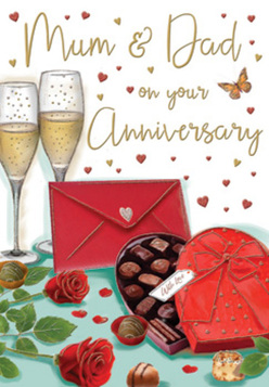 Warm, romantic anniversary card illustration evoking the feeling of an evening celebration in Barkingside, perhaps after a leisurely walk down Cranbrook Road. The focus of the image is a small, beautifully arranged tabletop set for two, where a pair of tall, delicate champagne flutes stand almost touching, brimming with pale golden fizz. The bubbles are drawn with fine, rising trails that shimmer softly, giving an impression of gentle movement and anticipation. Close beside them sits a heart-shaped box of chocolates, rich red in colour and adorned with a dramatic satin bow whose loops and tails spill gracefully over the lid. The lid is tipped open just enough to reveal an assortment of chocolates within, shaded in deep browns and caramels, each piece carefully outlined so that you can almost imagine choosing one to share. In front of this indulgent display, two sumptuous red roses rest on the table, their petals lush and tightly layered, framed by glossy green foliage that suggests the crispness of flowers freshly delivered from a Barkingside florist near the local shopping parade. A scarlet envelope lies nearby, perfectly sealed, hinting at a personal note filled with affectionate words and perhaps a memory of the couple's early days. Around the main elements, tiny red and gold hearts float over a soft, neutral background and weave between elegant, hand-lettered anniversary greetings, creating a swirling, celebratory pattern. The lighting throughout the illustration is warm and gentle, casting subtle reflections on the glass and soft shadows around the chocolates and roses. The entire composition expresses tenderness, appreciation, and the kind of enduring love that neighbours in Barkingside might quietly honour year after year at their own dining tables.