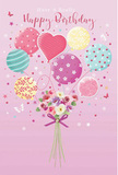 This birthday card illustration captures the feeling of a gentle, joy-filled moment, like receiving a surprise bouquet at home in Barkingside. The background is a smooth blush pink, calm and comforting, setting the stage for a lively cluster of pastel balloons that rise from the centre of the design. Their colours-soft pink, minty green, pale yellow, and lavender-blend together harmoniously. Each balloon carries its own playful detail: swirling candy-like stripes, dotted patterns that look like scattered confetti, and dainty floral motifs. At the heart of the cluster sits a heart-shaped balloon, radiating warmth and affection, as if sending a silent happy birthday across the neighbourhood. The balloons' glossy surfaces glint with reflected light, giving them a rounded, three-dimensional appearance, like real balloons drifting above Clayhall's tree-lined streets. Below, a small, hand-tied bouquet anchors the airy display. It features miniature roses and anemone-style blossoms in shades of cream, blush, and toned-down mauve. Soft, overlapping petals suggest a velvety touch, and you can almost sense a delicate, sweet fragrance, similar to the scent when fresh flowers arrive for early morning delivery in Barkingside. Slender stems are drawn together and finished with a violet satin bow whose sheen adds a polished, celebratory note. Around the flowers and balloons, tiny stars and butterflies flutter, giving the impression of movement and a hint of fairy-tale wonder. The composition as a whole feels light, hopeful, and lovingly designed-a birthday tribute that transforms pastels and petals into an image of pure, uplifting celebration for someone special in Barkingside.