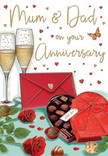 Romantic anniversary card illustration capturing a thoughtfully arranged celebration scene, reminiscent of a quiet evening in Barkingside after the shops along the High Street have closed for the day. The central focus is a pair of tall champagne flutes, their slender stems and gently curving bowls standing close together, filled with sparkling golden champagne. The bubbles rise in delicate streams, painted with fine, bright strokes that make them look almost alive, ready for the soft chime of a toast between partners. Just to the side, a sumptuous heart-shaped chocolate box in a deep, velvety red is tied with a generous scarlet ribbon, its satin bow fanning out across the lid with graceful folds. The lid is opened partway to reveal beautifully drawn chocolates, each one distinct in shape and shading, nestled in snug rows that give an impression of indulgent variety. Resting in front of this tempting box, two lush red roses lie across the tabletop, their petals layered and soft-looking, accompanied by glossy green foliage that feels as fresh as a bouquet prepared that morning by a skilled Barkingside florist. A bright red envelope, sealed and crisply outlined, suggests a handwritten message full of gratitude and shared memories, ready to be read aloud. Scattered across the background are tiny crimson and golden hearts, swirling amongst flowing, hand-lettered anniversary wishes that add movement and cheer. The backdrop is warm and subtly textured, casting gentle shadows behind glass and petals, as if lit by nearby lamplight in a Barkingside home. The overall effect is one of tender intimacy and joyful appreciation for years spent side by side, expressed through roses, chocolate, and the sparkle of champagne.